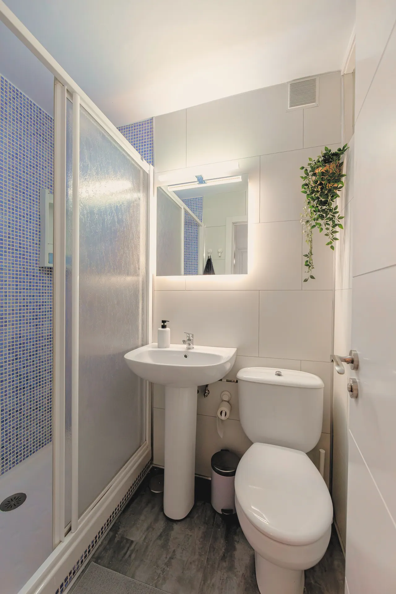 Baño con lavabo de pie, espejo con luz, inodoro y ducha con mampara (foto 4 de 7)